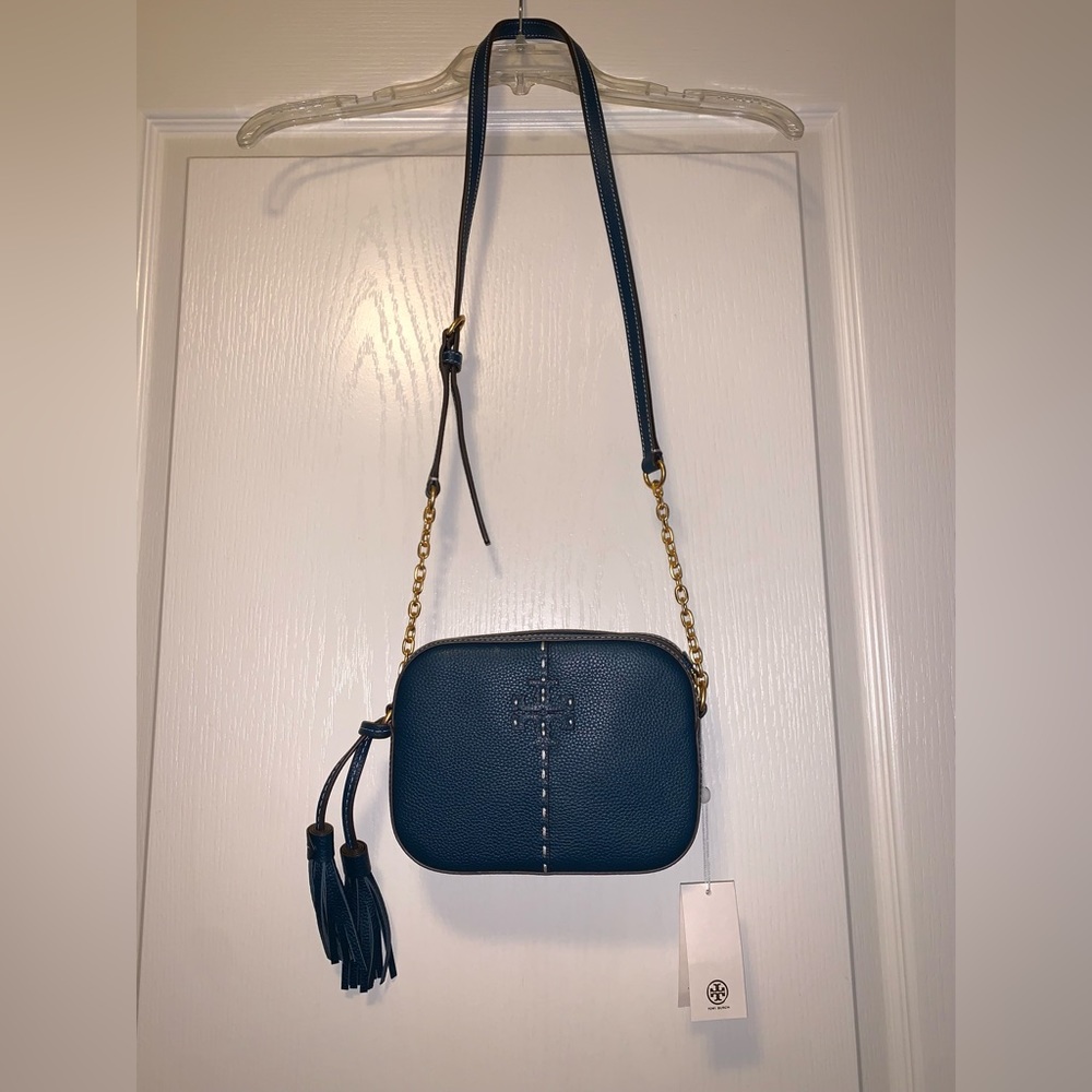 Tory Burch crossbody bag, UNUSED with tags, teal leather/gold hardware w/ tassel - Picture 2 of 8